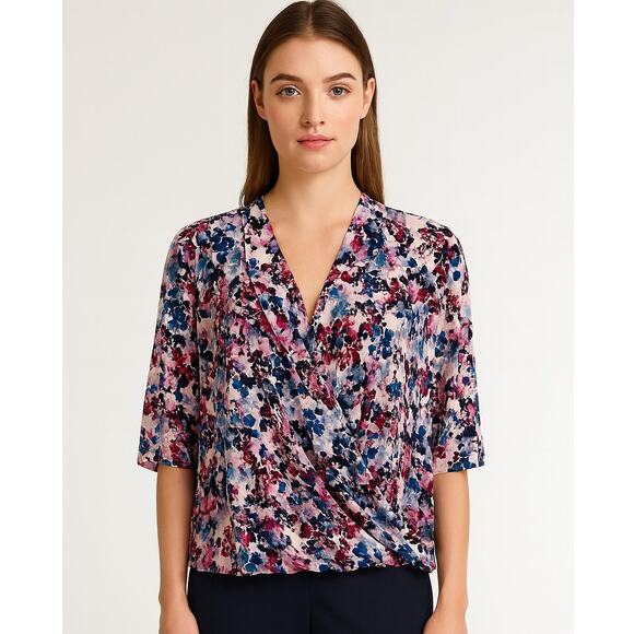 Lark & Ro Women’s Floral 3/4 Sleeve Faux Wrap Blouse - Size Large - Draped Front - Picture 1 of 8